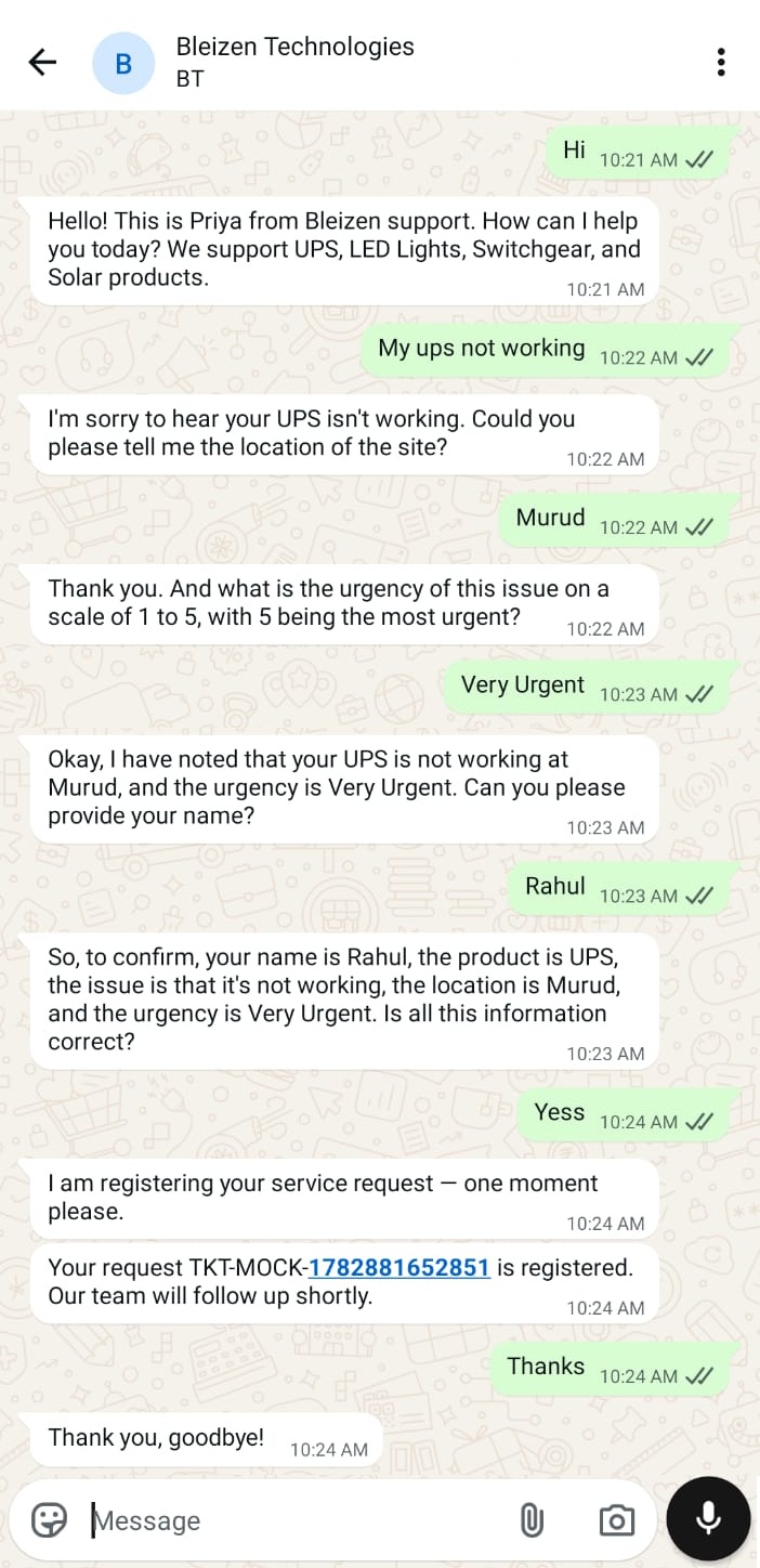 WhatsApp helpdesk UPS demo chat screenshot