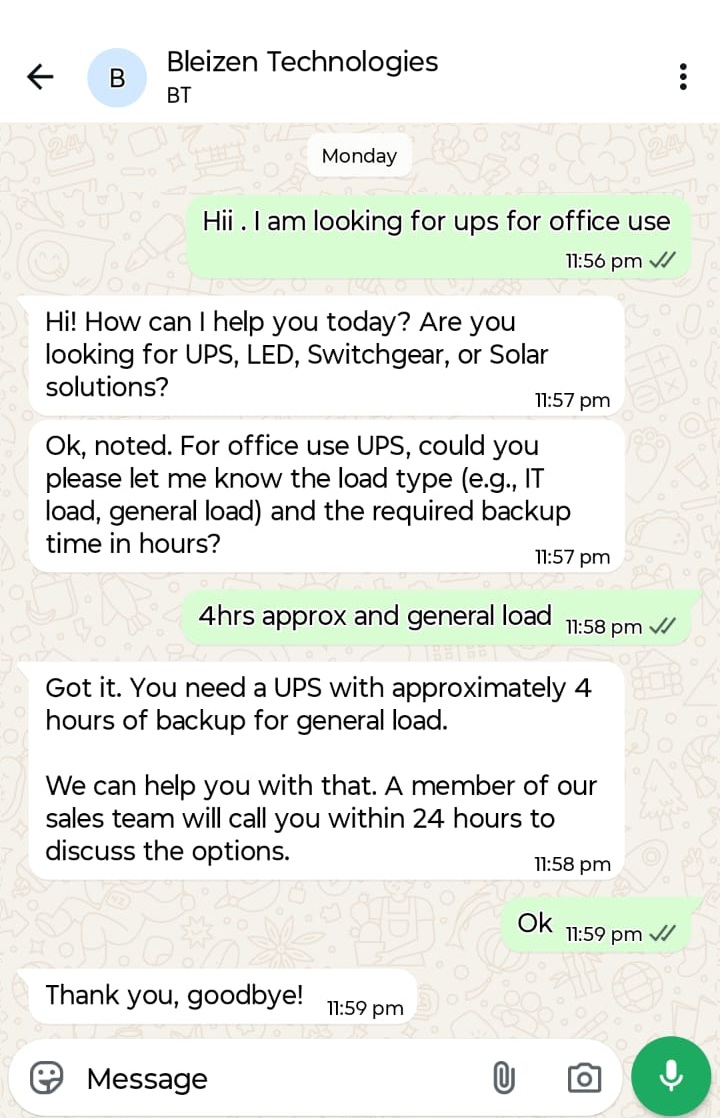 WhatsApp presales UPS demo chat screenshot